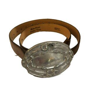 Briarpatch Art Nouveau Flower Belt Buckle Brown Leather Belt Sz 34 Texas USA